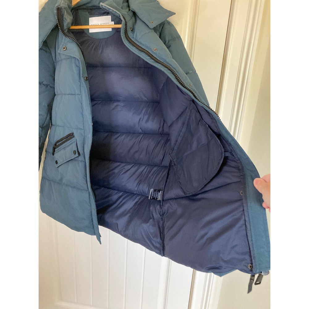 Rebecca Minkoff Teal Blue Quilted Puffer Coat Faux Fur Hood RM-0033 Size L - Picture 10 of 13